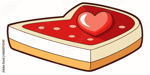 Vector illustration of top view of a freshly baked strawberry cheesecake in a heart shape isolated foliage.
