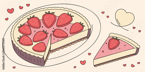 Vector illustration of top view of a freshly baked strawberry cheesecake in a heart shape pink foliage.
