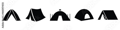 Black silhouettes vector icons of different tent structures shelter camping. Travel equipment graphic element.  Minimal vector isolated on white background. Symbol of open travel and relaxation. 