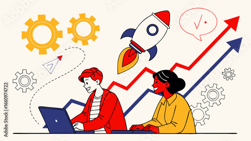 Flat vector illustration of startup pitch presentation with entrepreneur, investors, rocket, graphs, financial charts, and business funding concept for venture capital infographic