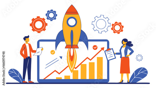 Flat vector illustration of startup innovation with digital transformation, smartphone apps, AI icons, global network, and entrepreneurs for modern business technology