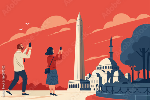 Tourists capture iconic city sights on camera.