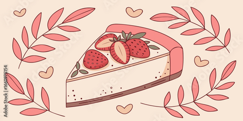 Vector illustration of top view of a freshly baked strawberry cheesecake in a heart shape pink foliage.
