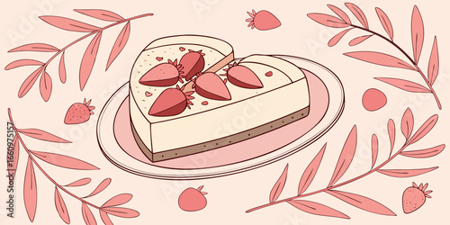 Vector illustration of top view of a freshly baked strawberry cheesecake in a heart shape pink foliage.
