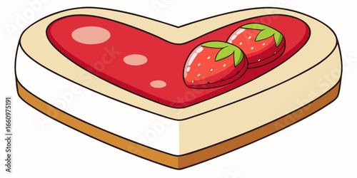Vector illustration of top view of a freshly baked strawberry cheesecake in a heart shape isolated foliage.