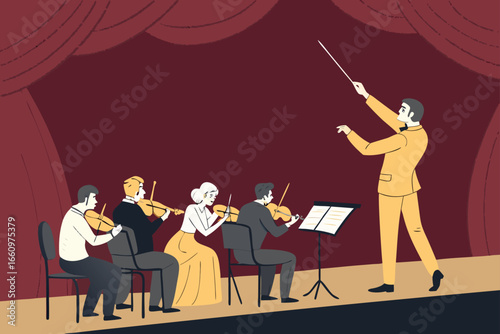 Classical orchestra performing on stage with conductor.