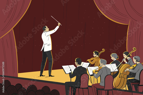 Classical orchestra performing on stage with conductor Raisi.