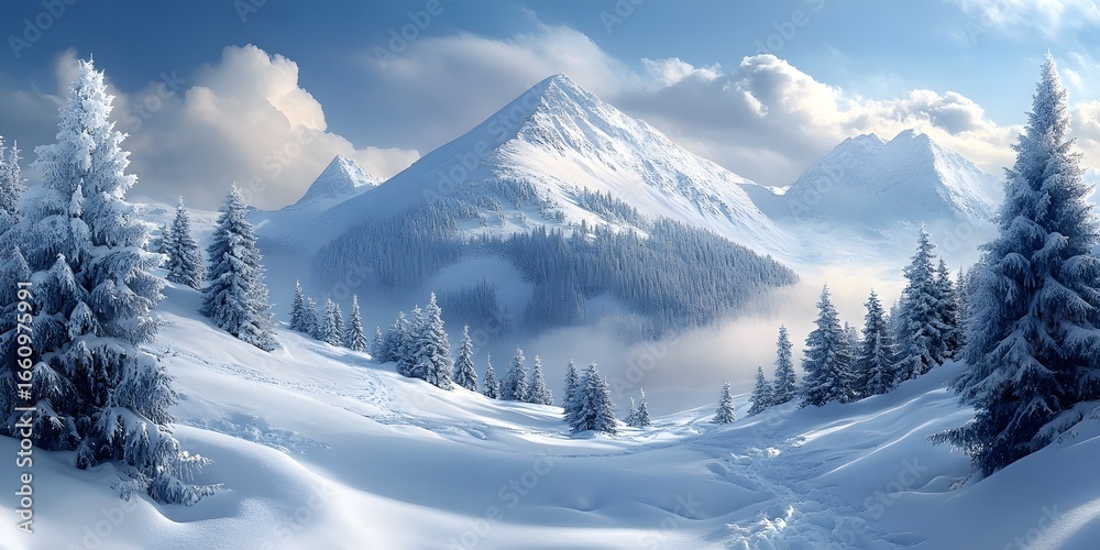 Obraz premium Snow-covered mountain peak with spruce trees on the slopes.