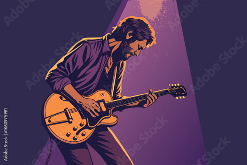 Intense close-up of a guitarist performing under a spotlight.