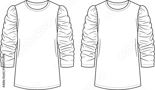 Fashion design, long sleeve shirt, ruched sleeve, flat sketch, vector illustration, apparel template, clothing design, technical drawing, garment blueprint, sewing pattern, fashion