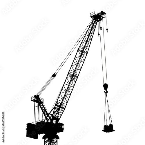 Dramatic silhouette of a towering construction crane lifting heavy materials against a stark white sky