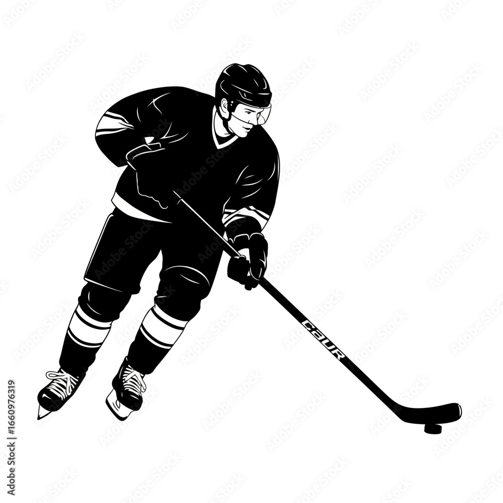 Fototapeta premium Dynamic hockey player silhouette ready for action on the ice rink with stick and helmet for winter sports