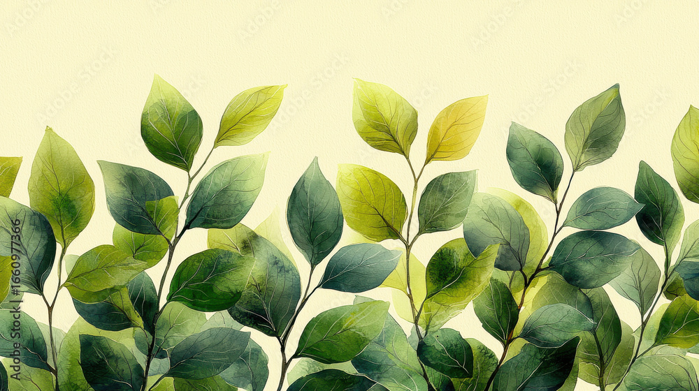 Fototapeta premium A vibrant tapestry of hand-drawn green leaves and stems, forming an organic pattern reminiscent of vintage botanical art. This 4K wallpaper, perfect for your desktop, features a minimalist and 