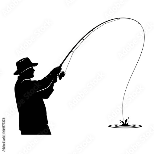 Exciting fishing adventure awaits Silhouette of a man with a fishing rod pulling fish from the water