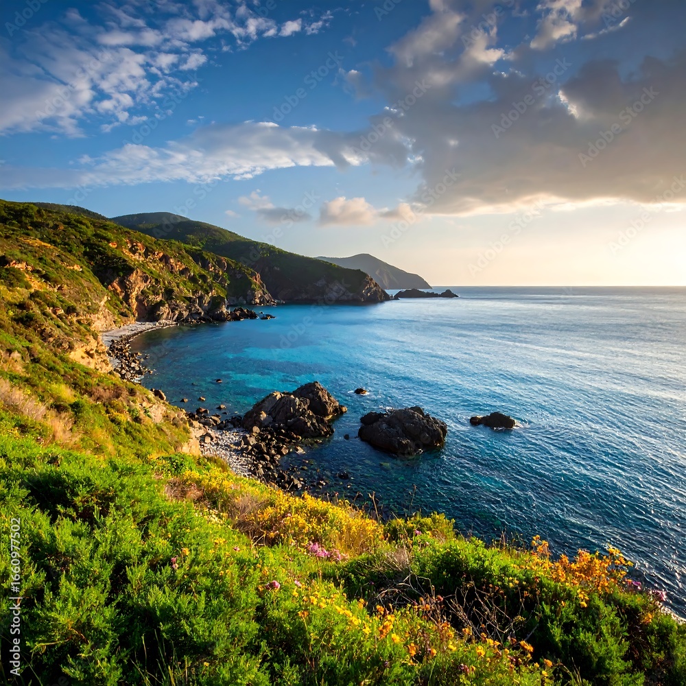 Fototapeta premium Coastal landscape at sunrise. Lush greenery meets turquoise water