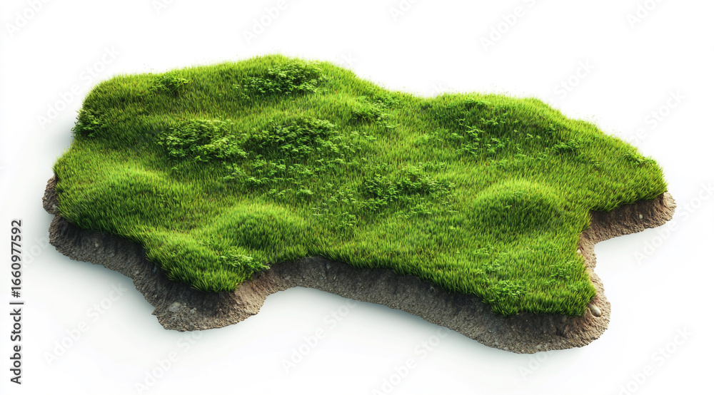 Fototapeta premium A 3D render shows a piece of land covered in lush green grass and small bushes, with visible soil layers on its irregular edges, all against a white background.
