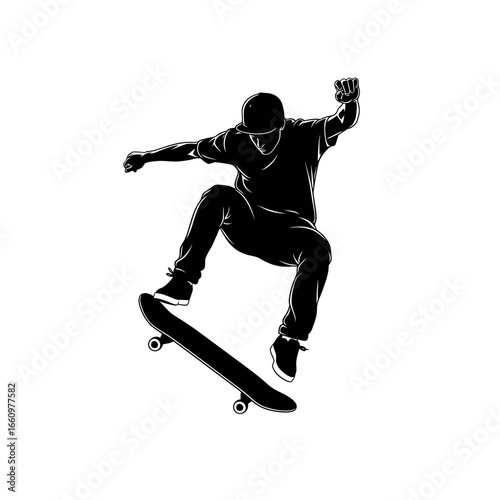 Dynamic skateboarder performing trick with energy and style, ideal for urban lifestyle brands and action sports