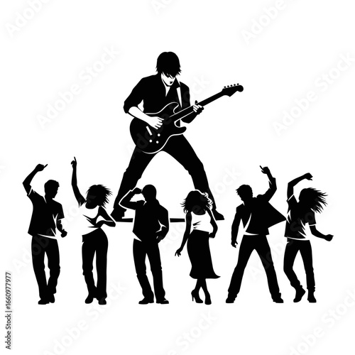 Dynamic guitarist silhouetted above an enthusiastic crowd dancing, perfect for music events and entertainment promotions