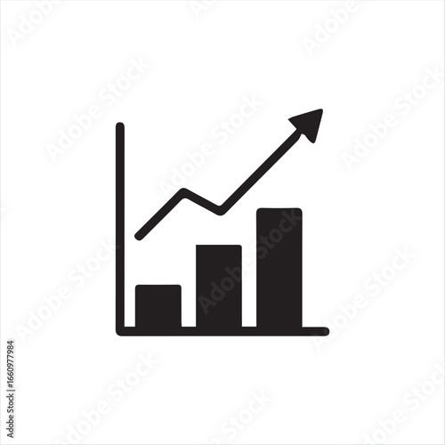 Minimalist growing graph icon showing an upward bar chart with an arrow. Perfect symbol for business growth, success, finance, statistics, and performance improvement
