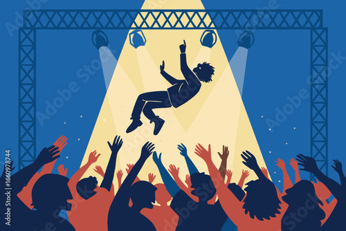 Energetic crowd surfing at a rock concert under a spotlight.