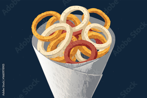 Crispy onion rings in a paper cone, viewed from above.