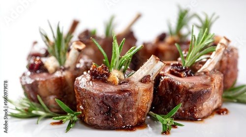 Roasted lamb ribs, garnished with fresh rosemary, presented on a white plate