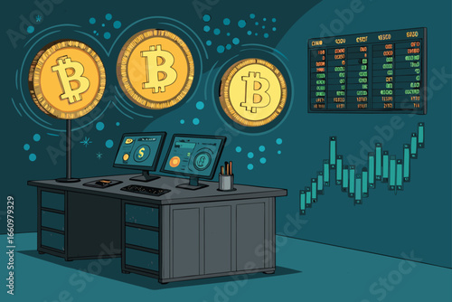 Crypto market concept with glowing holographic coin.