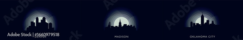 Denver, Madison, Oklahoma City panoramic vector banner illustrations. USA cities skyline images landmarks and building silhouettes at sunrise, sunset, night