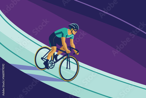 Cyclist speeds on a modern, flat velodrome track.
