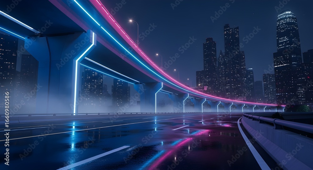 Obraz premium Futuristic City Highway - Neon Blue Pink Light Trails, Cyberpunk Transport, Dynamic Urban Energy, Fast Night Road, Sci-Fi Cityscape, Modern