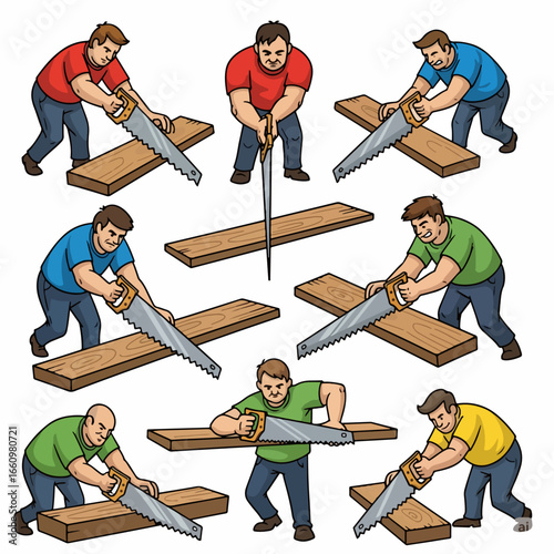 Carpenters sawing wood in various poses