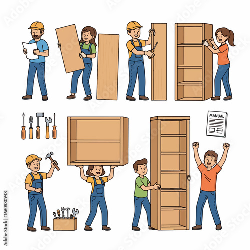 Furniture assembly process with people and tools