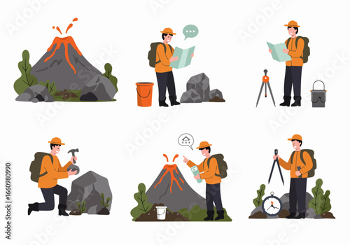 Geologist exploring volcano with tools and map