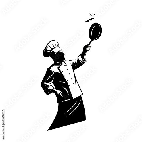 Dynamic chef tossing food with pan, perfect for restaurant menus and culinary branding projects now