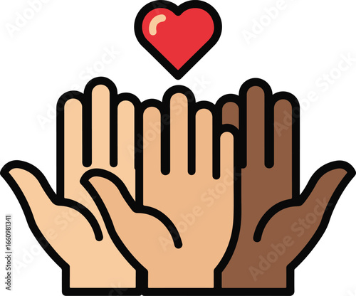 Symbol of diversity, inclusion, and love with multi-ethnic hands reaching for a heart. Vector graphic icon for community and charity support.