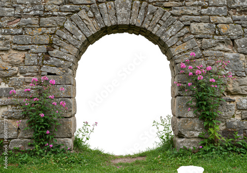 Fototapeta Naklejka Na Ścianę i Meble -  Stone archway with flowers and grass isolated on transparent background
