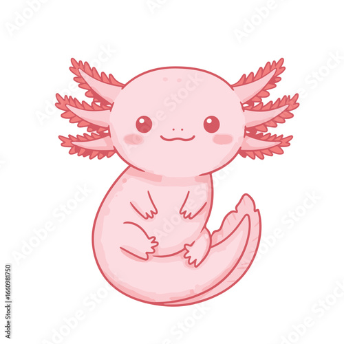 A cute axolotl icon sticker design, chibi cartoon style, 2D flat vector icon illustration of an adorable little. Kawaii style, character art, isolated on white background,