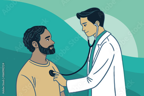 Doctor examines patient with stethoscope, healthcare focused.
