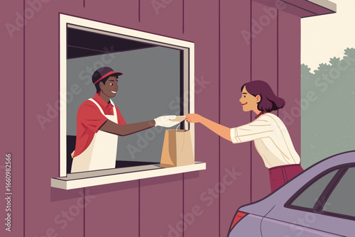 Drive-thru window service with food exchange.