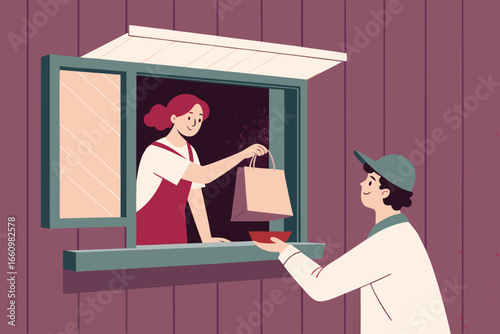 Drive thru window with server handing out food bag.