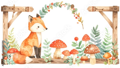 Cute fox with mushrooms and autumnal foliage in a wooden frame