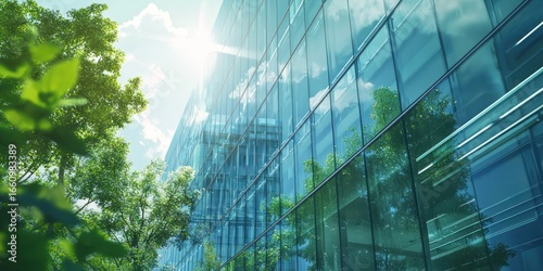 A modern glass office building reflects a bright, sunny sky and lush green trees. The buildingâ€™s facade is predominantly glass, creating a shimmering effect. Sunlight streams through the windows, 