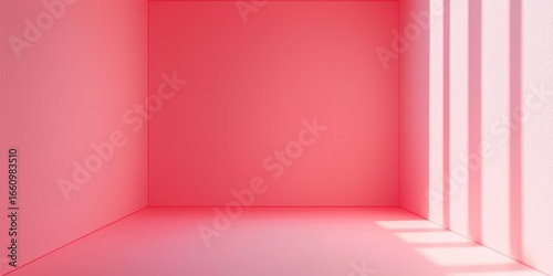 Fototapeta Naklejka Na Ścianę i Meble -  A stark, minimalist room is illuminated by a vibrant pink light. The walls are painted a pale pink, and the floor is a darker shade