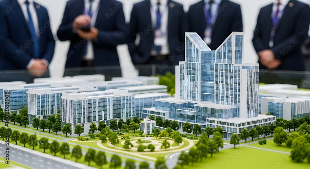 Obraz premium A detailed architectural model of a modern complex is presented before a group of suited professionals.