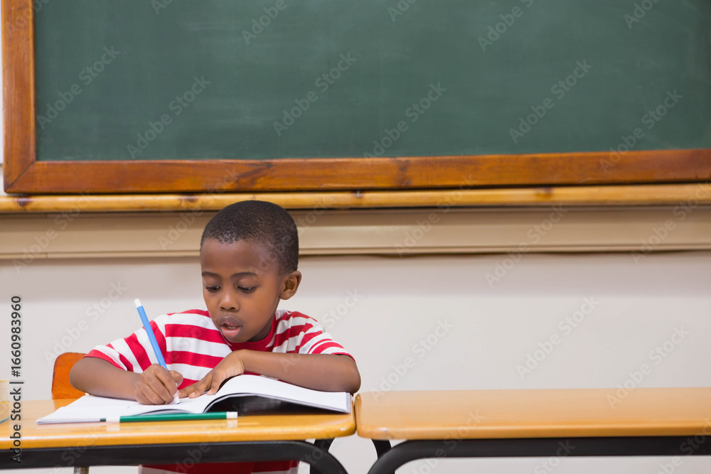 © WavebreakMediaMicro - African American boy writing in notebook with pencil at classroom desk with textbook and chalkboard © WavebreakMediaMicro - African American boy writing in notebook with pencil at classroom desk with textbook and chalkboard