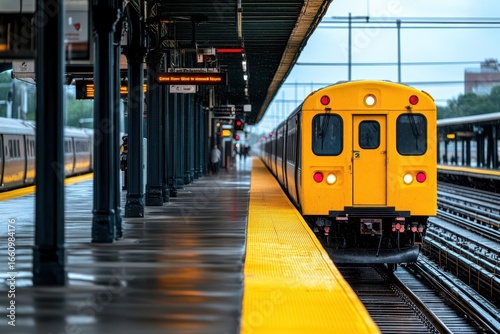 Modern urban train station platform with passenger waiting area, yellow train approaching, covered shelter, urban infrastructure, transit transportation
