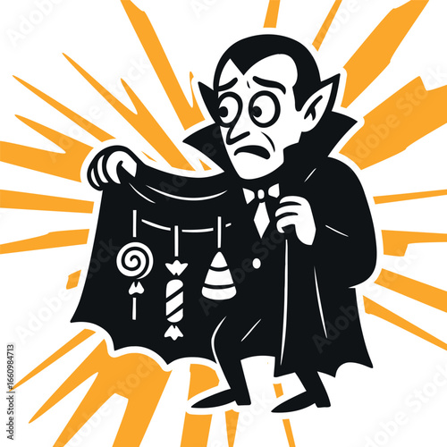 Cartoon Vampire Holding Cloak Displaying Candy Halloween Illustration