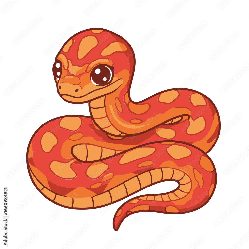 Fototapeta premium A corn snake cute icon sticker design, chibi cartoon style, 2D flat vector icon illustration of an adorable little. Kawaii style, character art, isolated on white background,