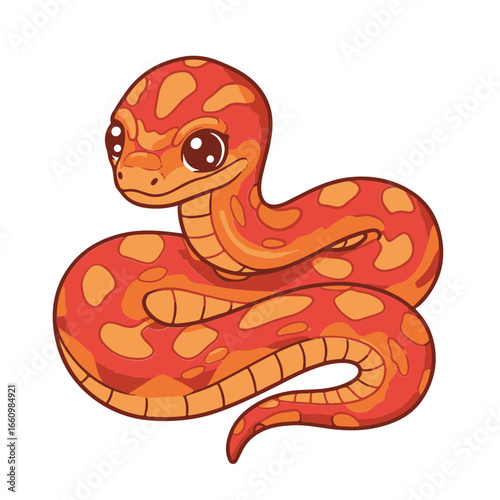 A corn snake cute icon sticker design, chibi cartoon style, 2D flat vector icon illustration of an adorable little. Kawaii style, character art, isolated on white background,