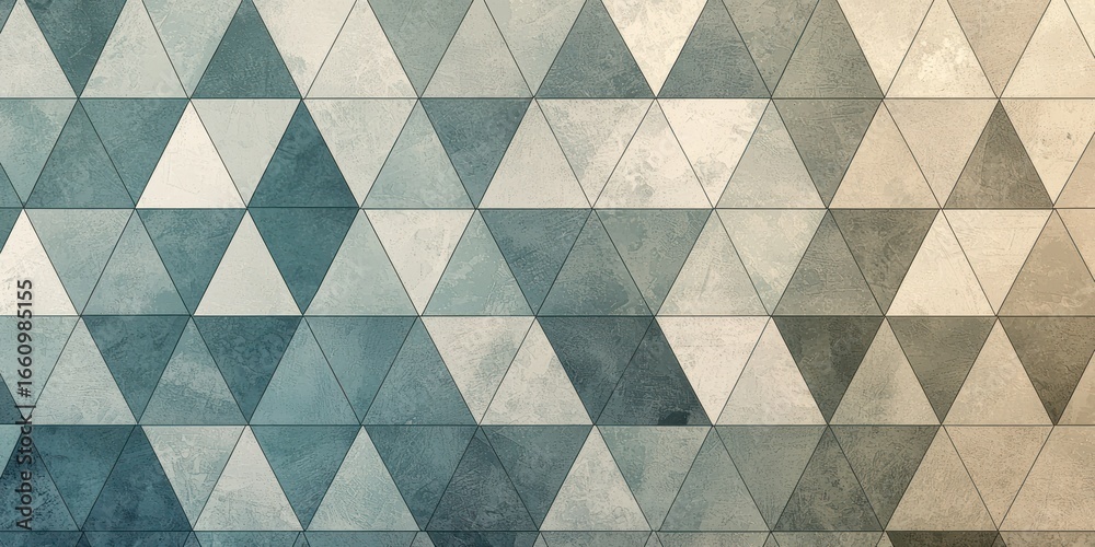 A geometric pattern composed of overlapping triangles in muted teal, beige, and gray tones. The triangles have a slightly distressed, watercolor-like appearance A geometric pattern composed of overlapping triangles in muted teal, beige, and gray tones. The triangles have a slightly distressed, watercolor-like appearance
